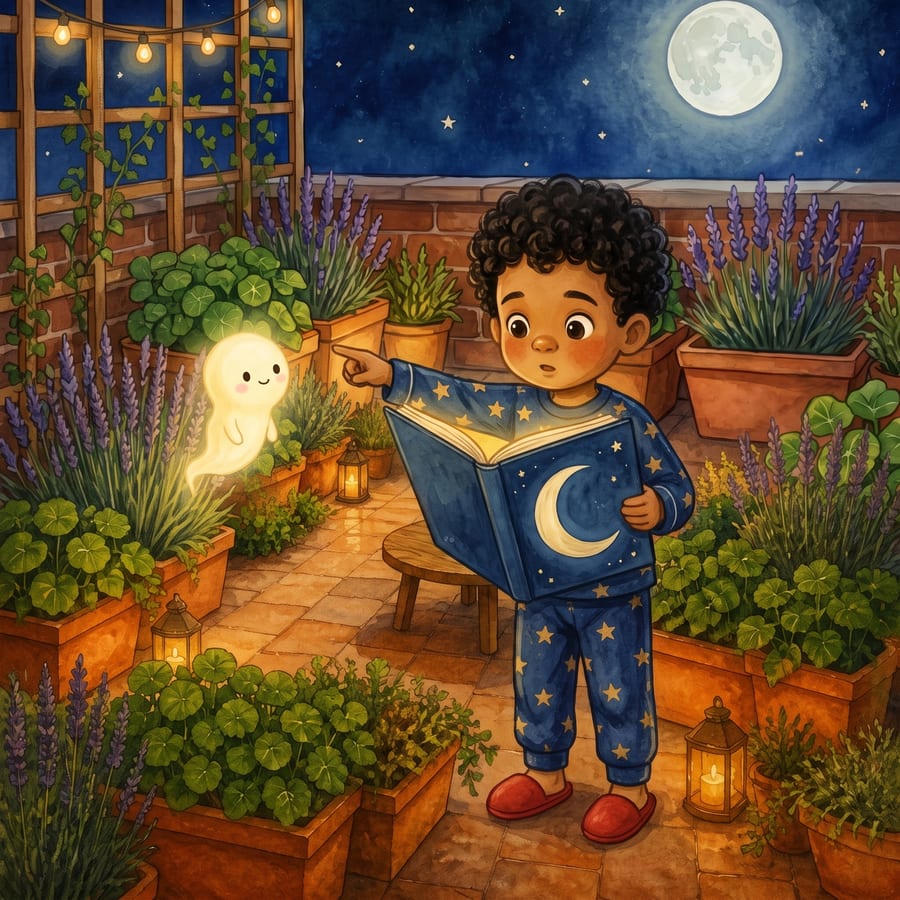 Child pointing at a trellis as a bright gold path lights the way — children's book illustration