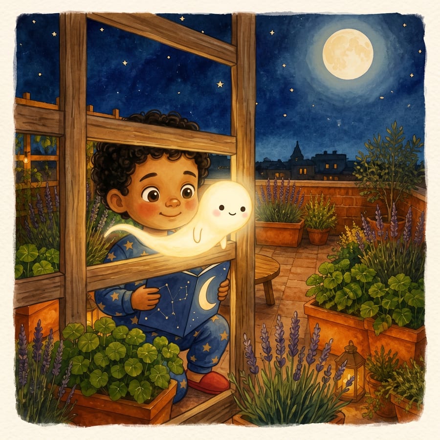 Glowing moonbeam slipping through a garden trellis as a child follows — children's book illustration