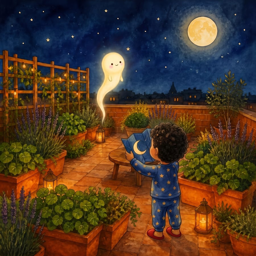 Child holding a star chart up toward the moon as moonbeam rises — children's book illustration