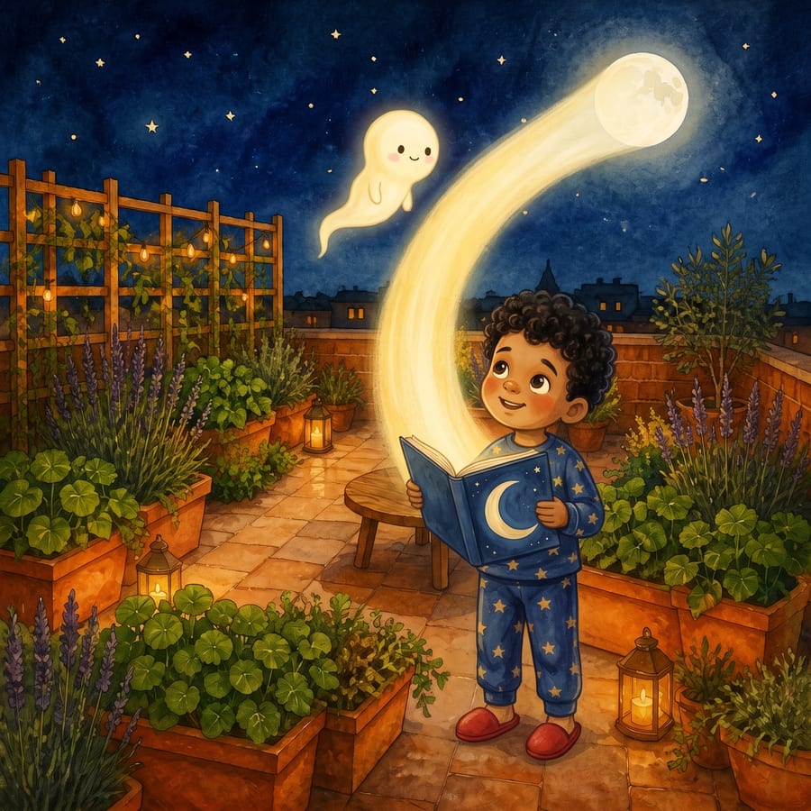Star chart glowing as a golden bridge stretches up through the night sky — children's book illustration