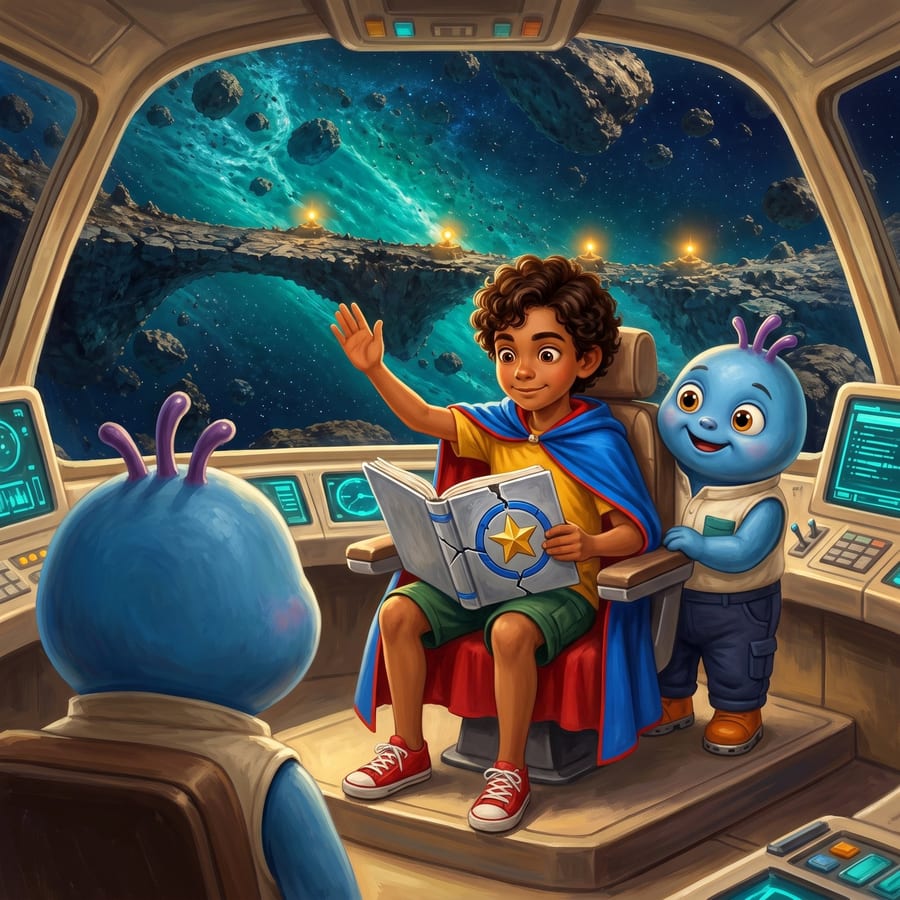 Young pilot in blue cape navigating tumbling asteroids in cockpit — children's book illustration