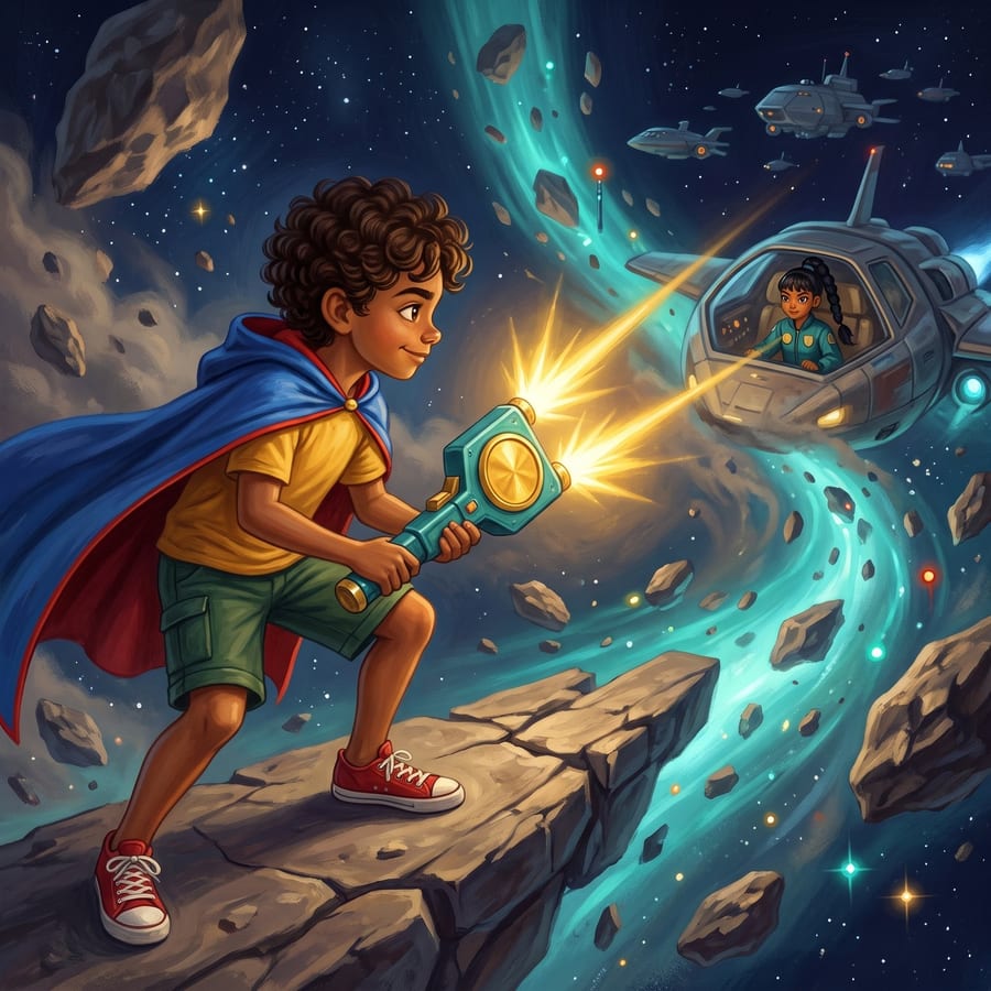 Cape-wearing boy bracing a beacon on a tilted asteroid slab in space — children's book illustration