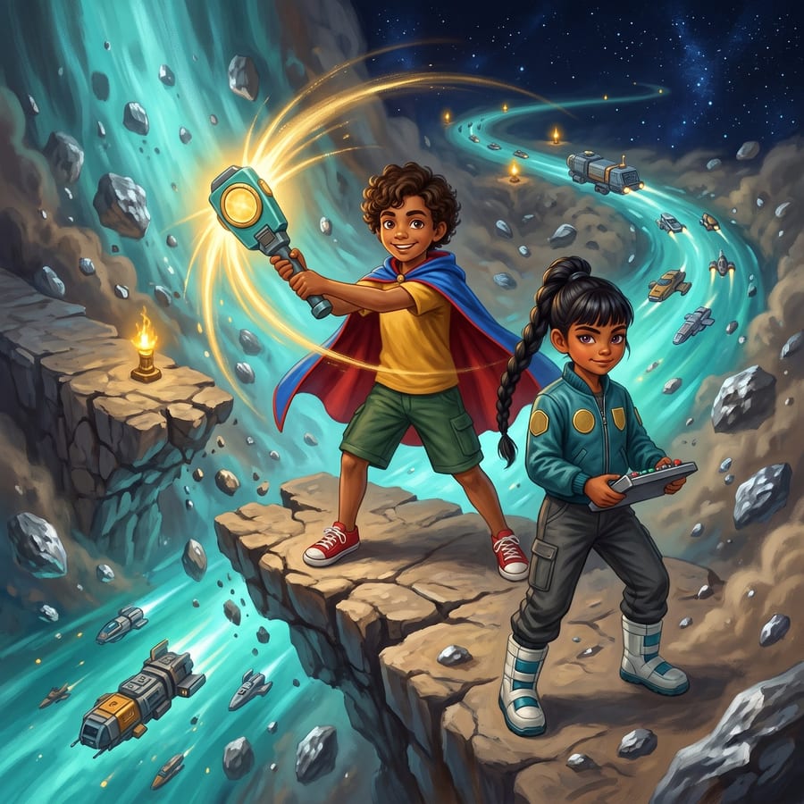 Fleet of ships threading through asteroids guided by a waving beacon signal — children's book illustration