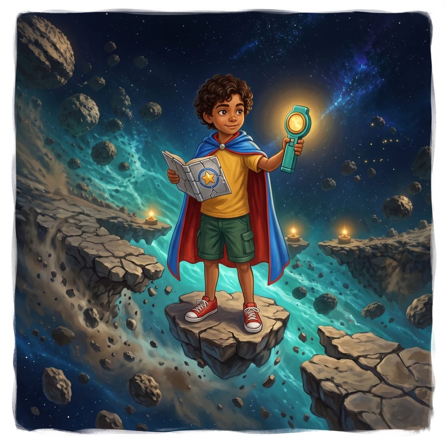Lone boy on a spinning asteroid fragment holding map and beacon in starlight — children's book illustration