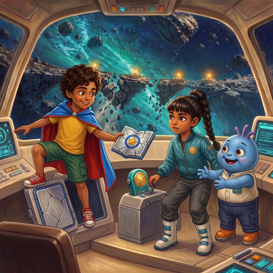 Boy pulled aboard a spaceship through a hatch as crew members cheer — children's book illustration