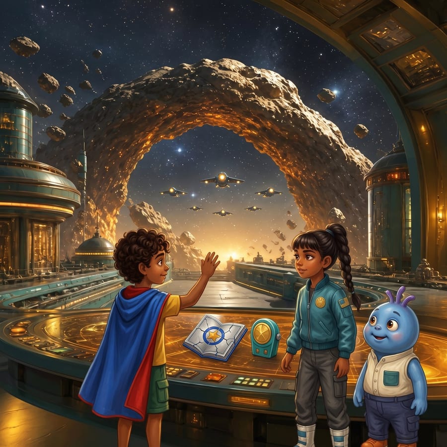 Fleet flying in formation through a glowing asteroid arch, captain signaling proudly — children's book illustration