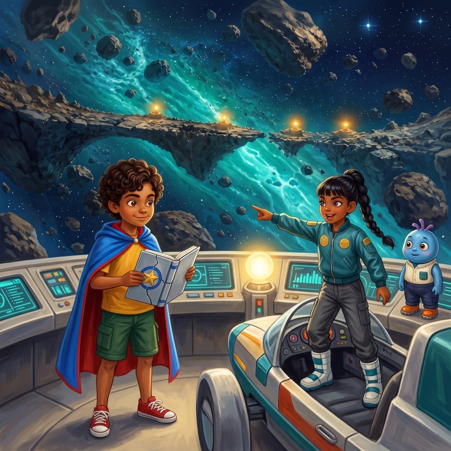 Two small spaceships racing side by side past a glowing beacon — children's book illustration