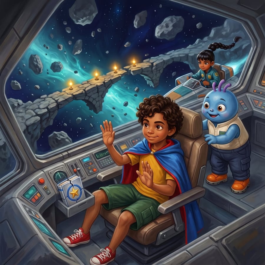 Cracked asteroid bridge looming before a crowded fleet of ships — children's book illustration