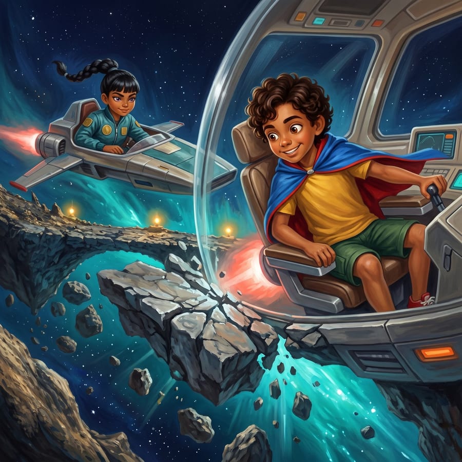 Small spaceship charging onto a crumbling asteroid bridge, rocks tumbling away — children's book illustration