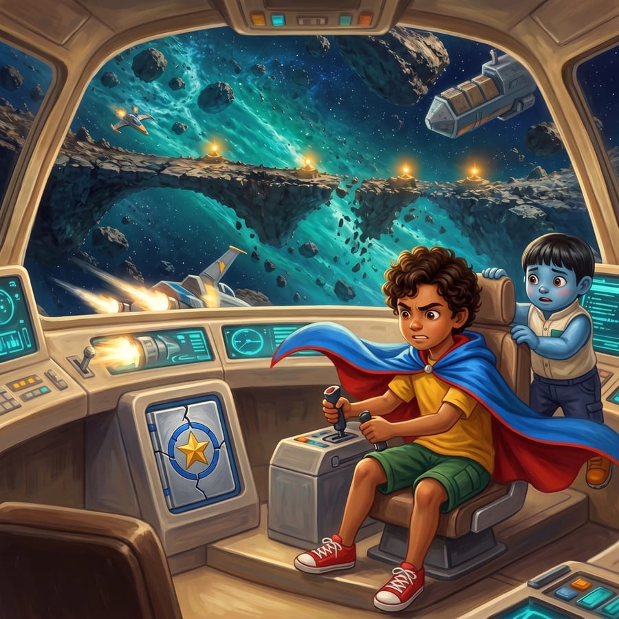 Ships spinning wildly amid a roaring gravity avalanche in deep space — children's book illustration