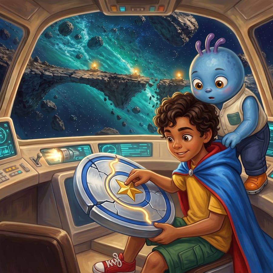 Boy tracing a winding route on a glowing cracked map in cockpit — children's book illustration