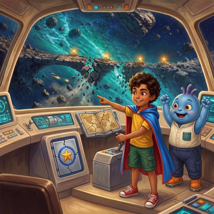Small cargo tug weaving safely between asteroids past a broken bridge — children's book illustration