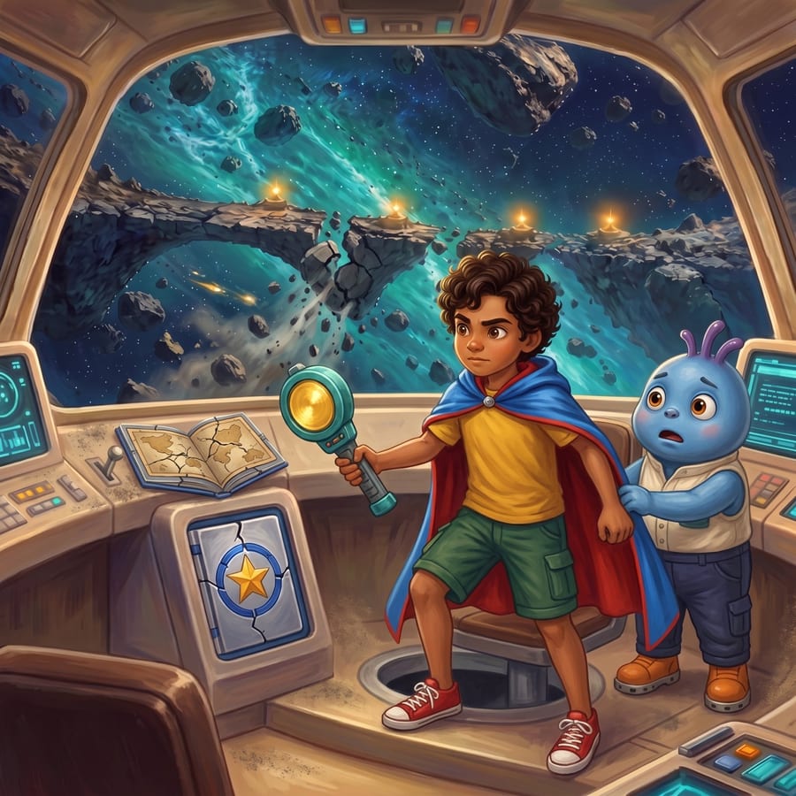 Boy holding a glowing teal beacon, climbing toward an open hatch — children's book illustration