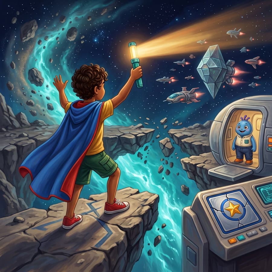 Boy stepping onto a crumbling asteroid bridge, raising a beacon above his head — children's book illustration