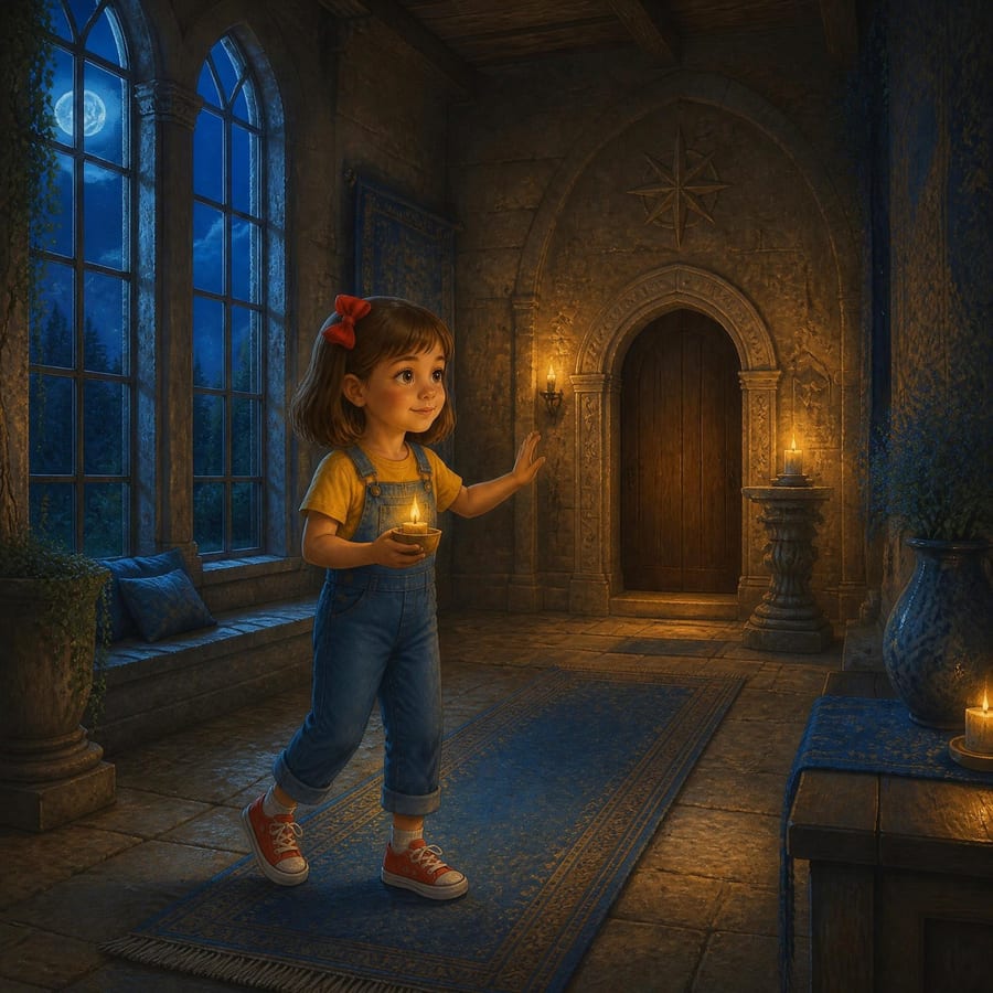 Girl holding candle in moonlit castle hall, thunder shaking windows — children's book illustration