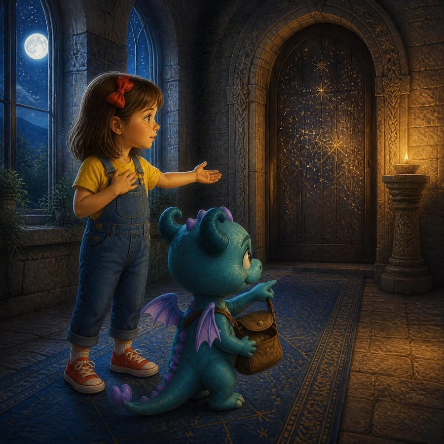 Dragon holds clue beside glowing door, girl looks at fading star map — children's book illustration