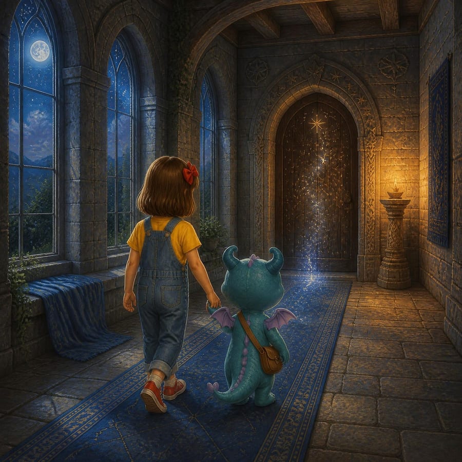 Girl holds dragon's claw, walking through dark hall toward glowing door — children's book illustration