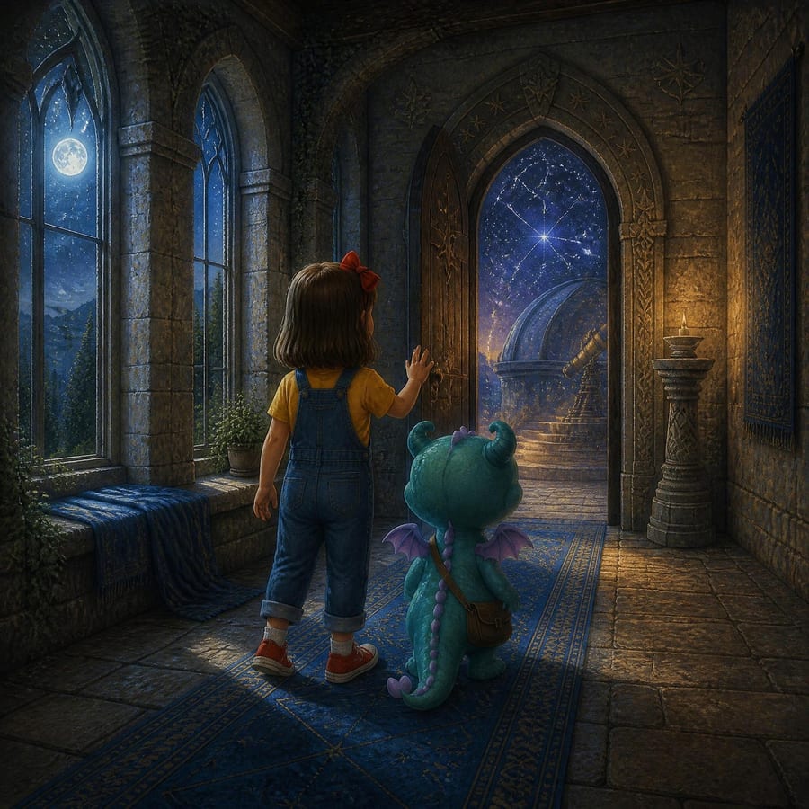 Girl whispers to door, last star line brightens as door swings open — children's book illustration