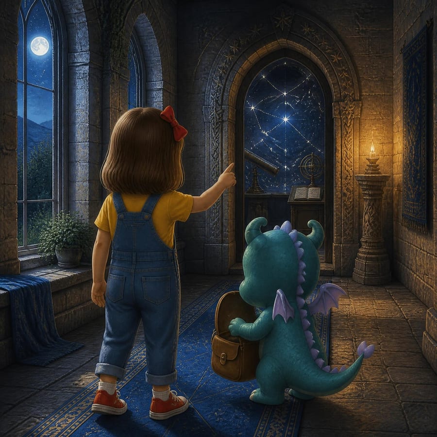 Girl traces glowing constellation, dragon tucks clues in satchel in observatory — children's book illustration