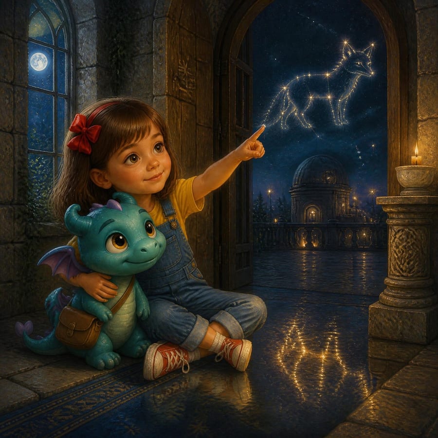 Girl and dragon sit in starlight doorway, pointing at glowing constellation — children's book illustration
