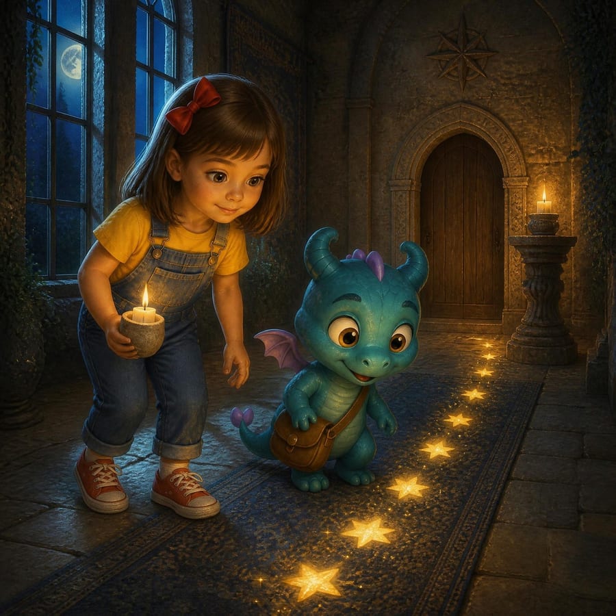 Tiny dragon peeks from rug, star shapes glow on stone floor — children's book illustration