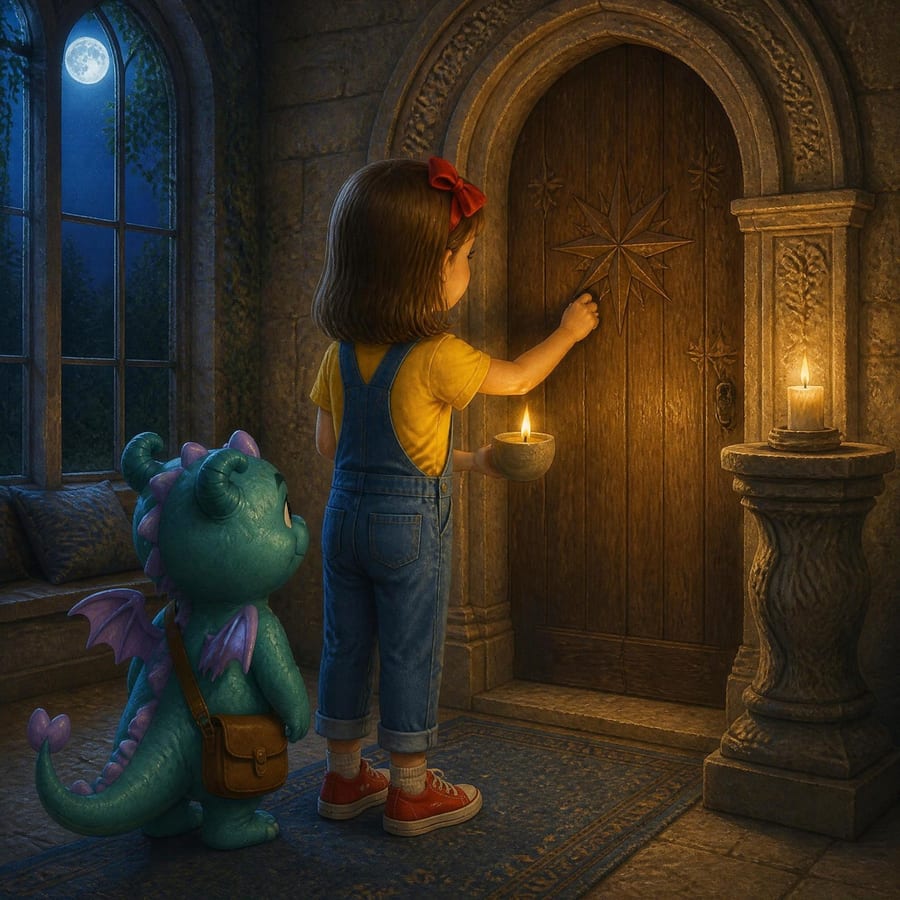 Girl knocking on arched moonlit door, small dragon tilts head beside her — children's book illustration