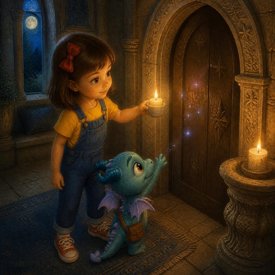 Girl holds candle near carved door, hidden star points glow beneath light — children's book illustration