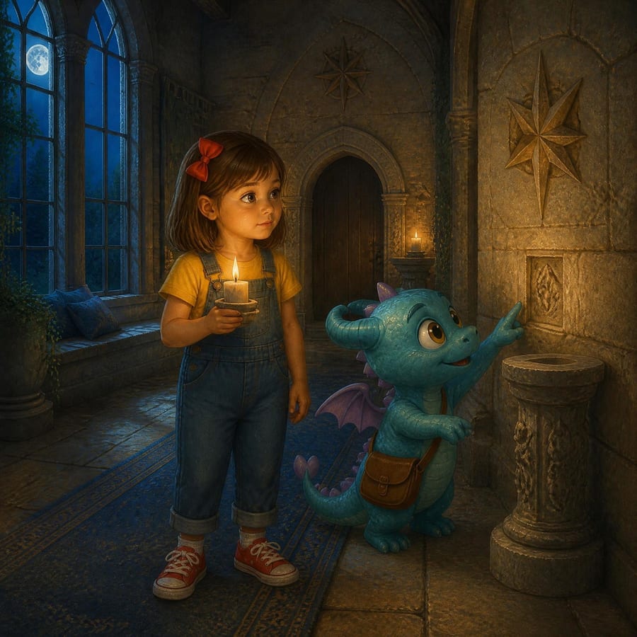 Dragon points to faint inscription carved beneath door's star pattern — children's book illustration