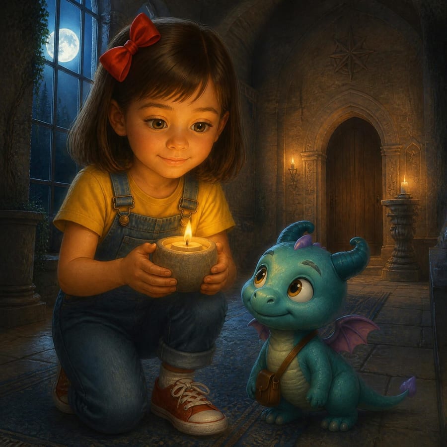 Girl steadies candle in stone cup during thunderclap, dragon stands close — children's book illustration