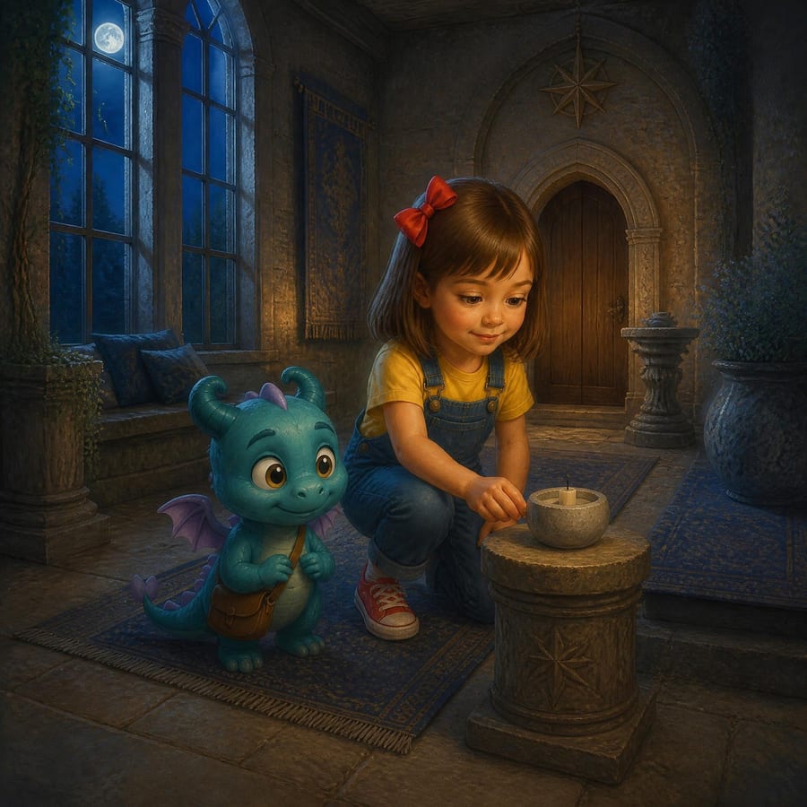 Girl sets candle in stone holder, flame fading in moonlit hall — children's book illustration