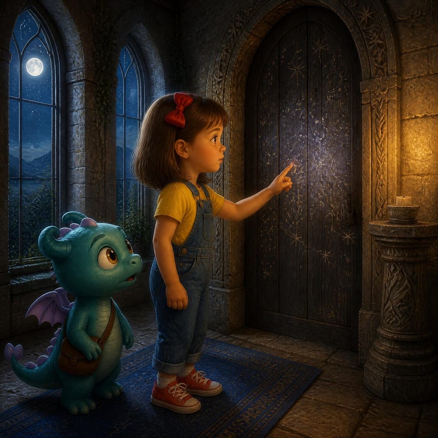Glowing star map appears across door, girl reaches out with wonder — children's book illustration