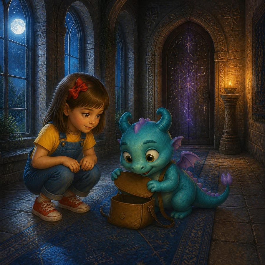 Girl watches fading star lines, dragon studies small clue marks from satchel — children's book illustration