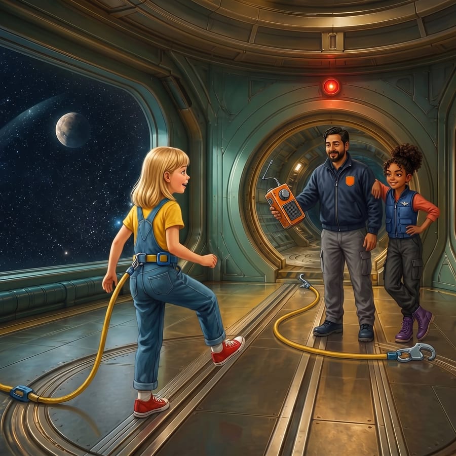 Child on space station deck holding radio, moon visible through glass — children's book illustration