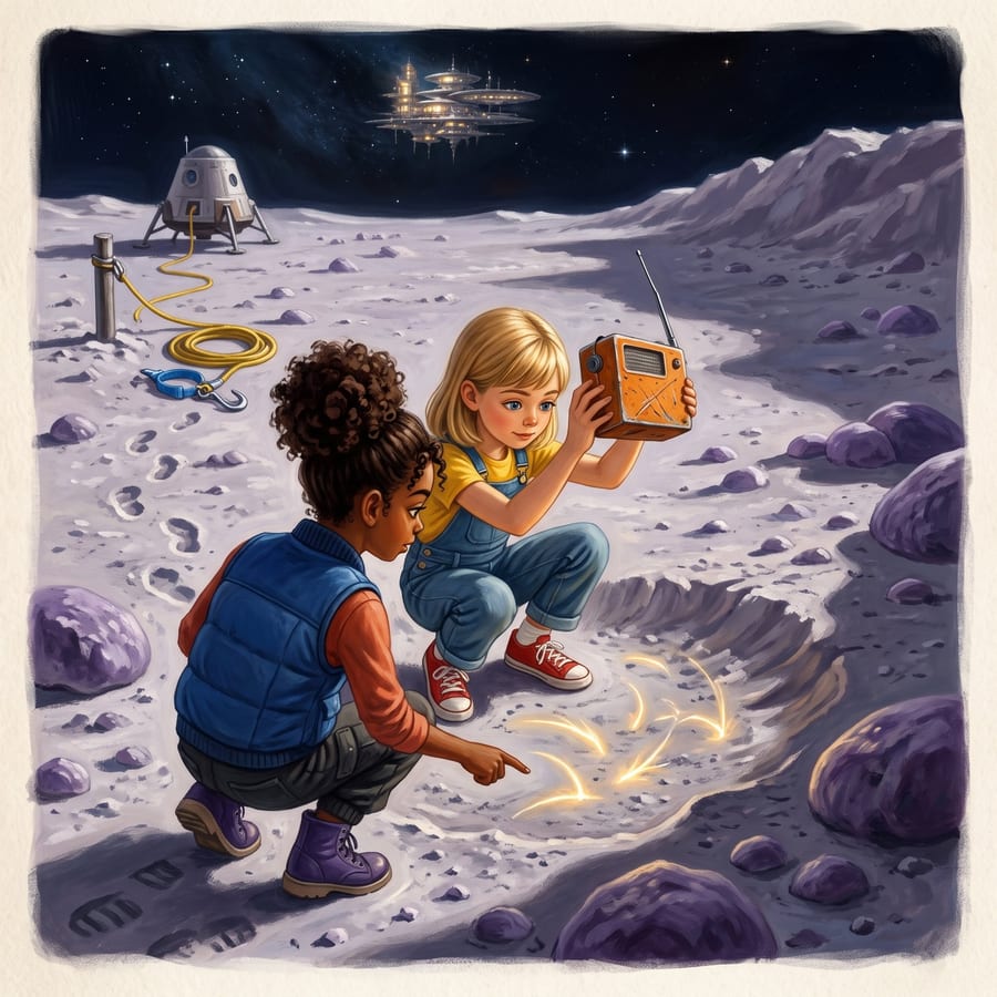 Girl lifting old radio over a glowing hollow in the moon dust — children's book illustration