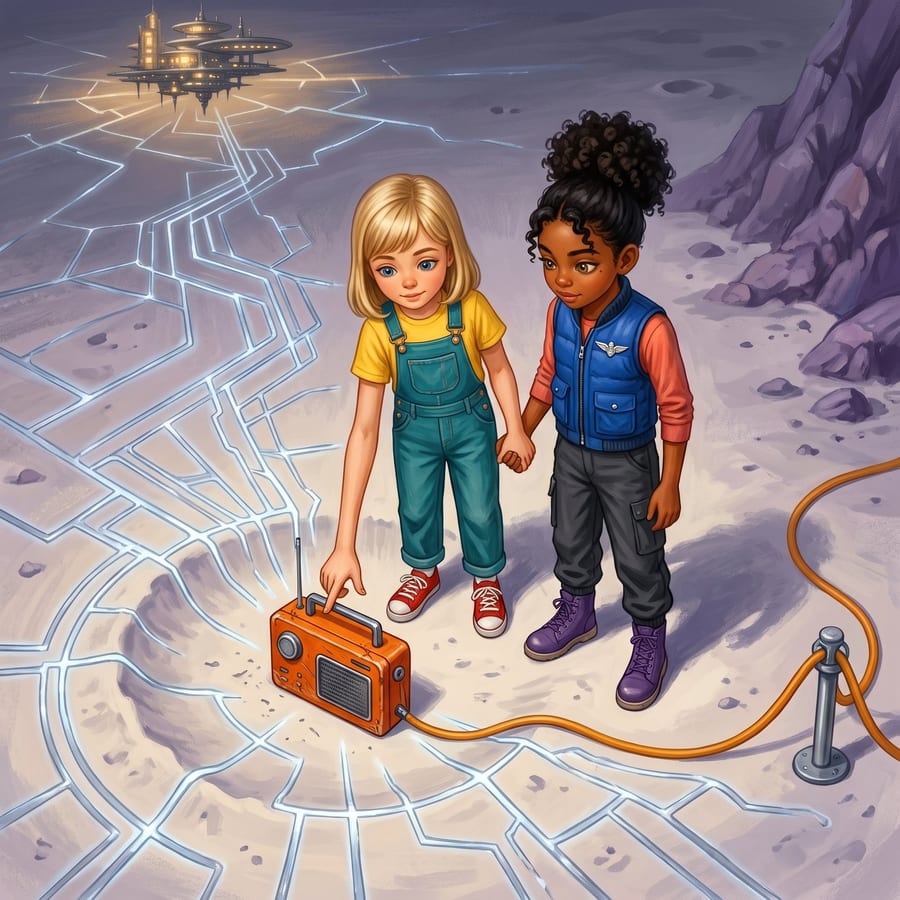 Two children tapping a glowing radio, silver map lines spreading across moon dust — children's book illustration