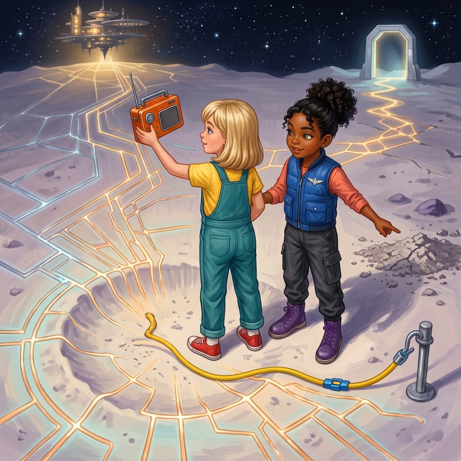 Girl studying a silver map trail near a glowing arch on the moon — children's book illustration