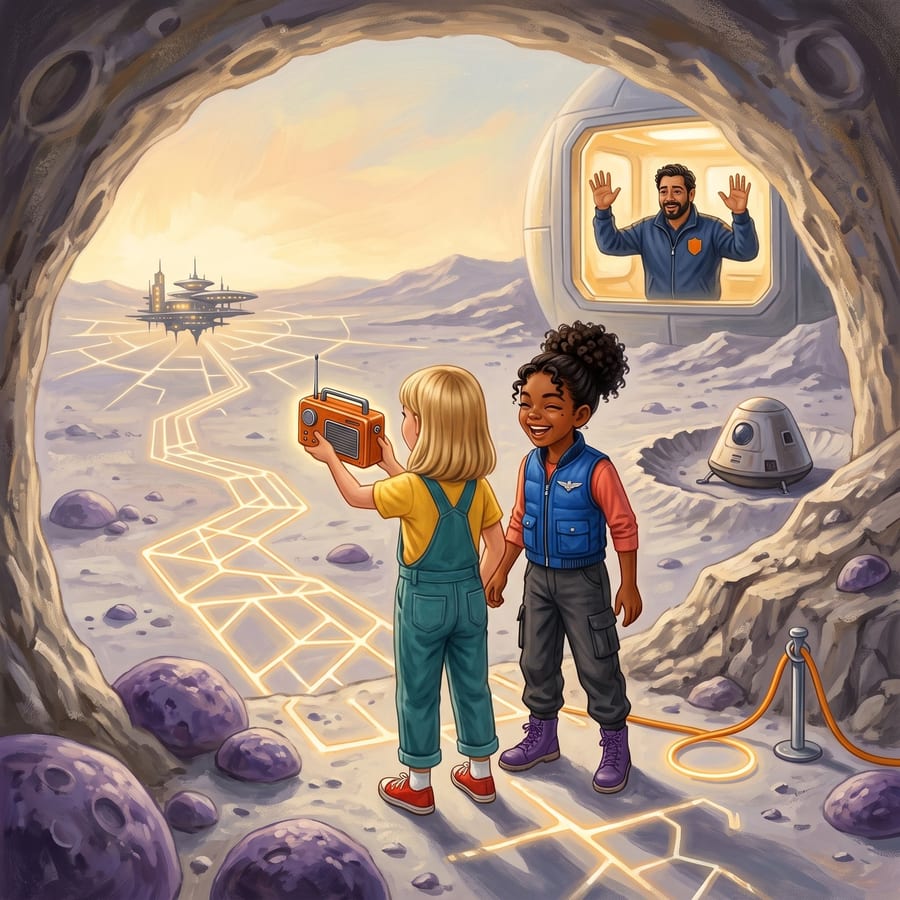 Two children at a moonlit arch, guardian waving through distant station window — children's book illustration
