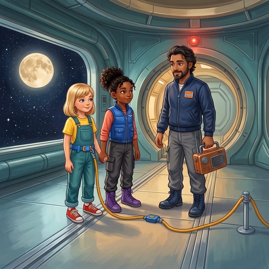 Girl clipping tether on station deck, guardian holding glowing radio nearby — children's book illustration