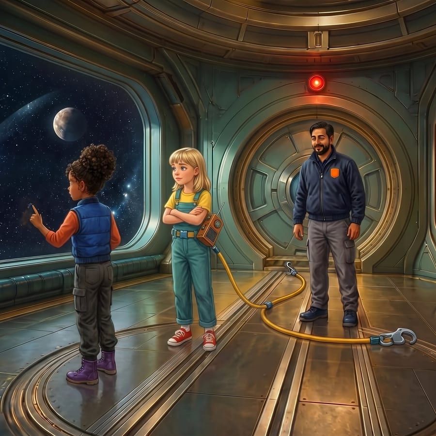 Girl gripping radio, staring at shadowed moon through station window — children's book illustration