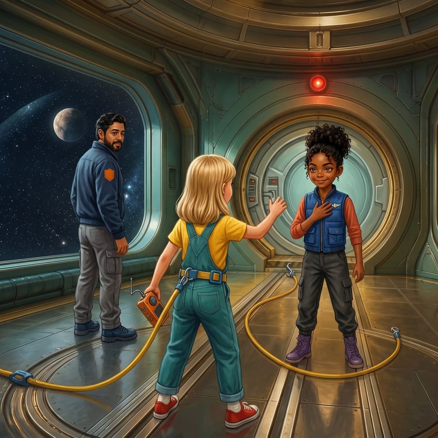 Two children facing each other at a space station hatch, one smiling nervously — children's book illustration