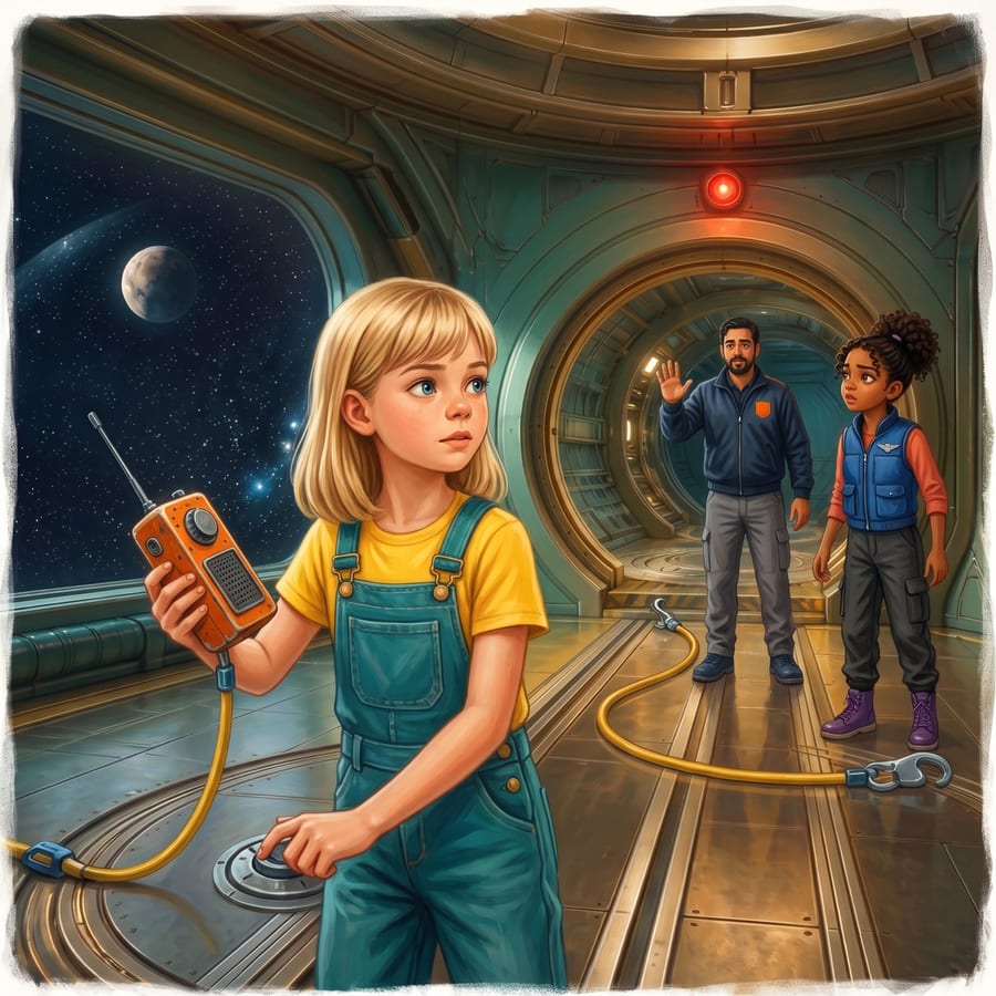 Girl looking at tether and dark moon rim, guardian standing nearby — children's book illustration