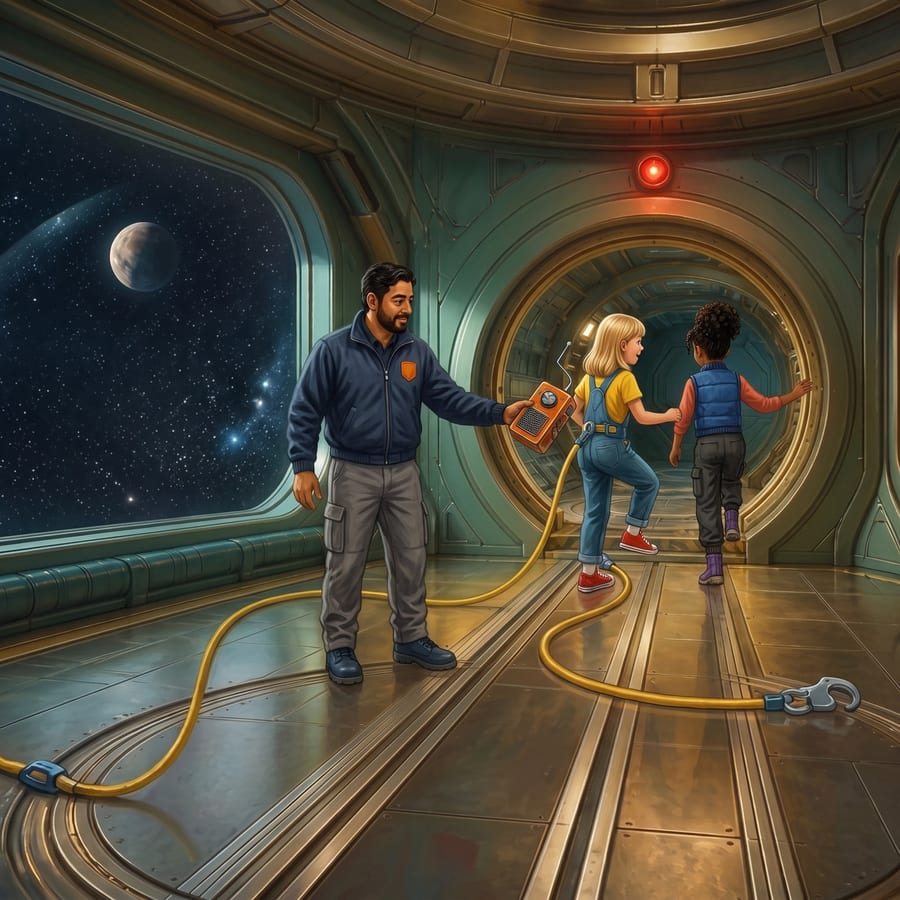 Two children boarding a small scout pod through an open hatch — children's book illustration