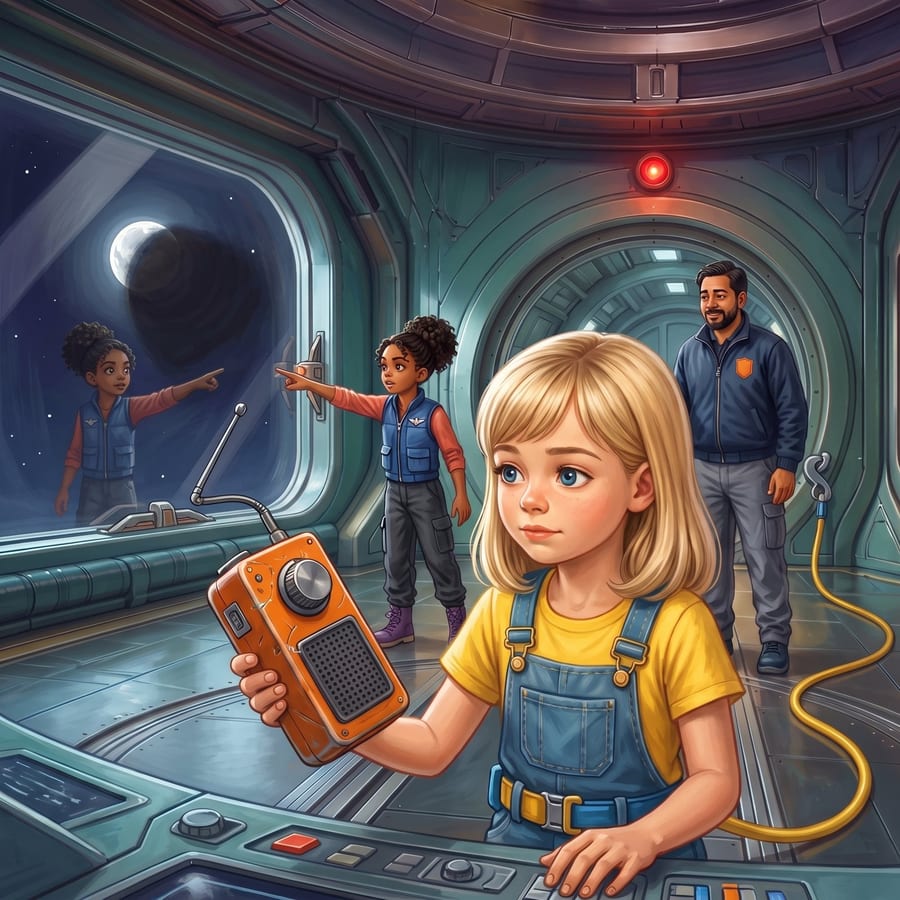 Scout pod drifting toward a large silver moon, tether indicator blinking yellow — children's book illustration