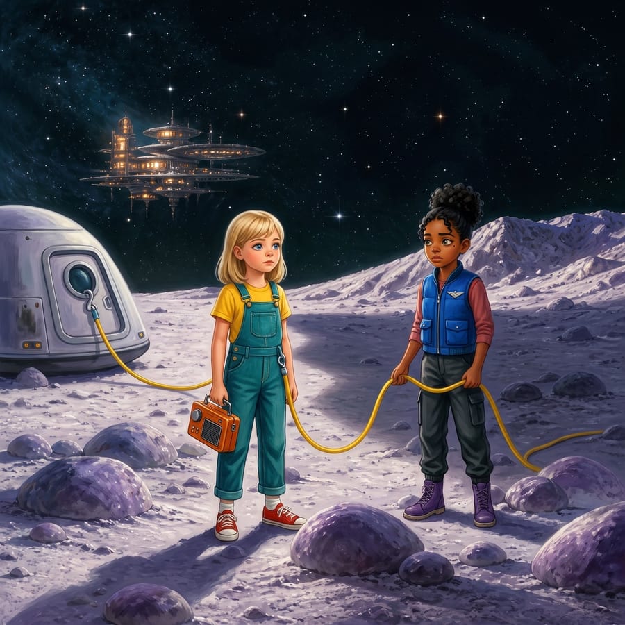 Girl standing on silver moon dust, tether stretching back to pod — children's book illustration