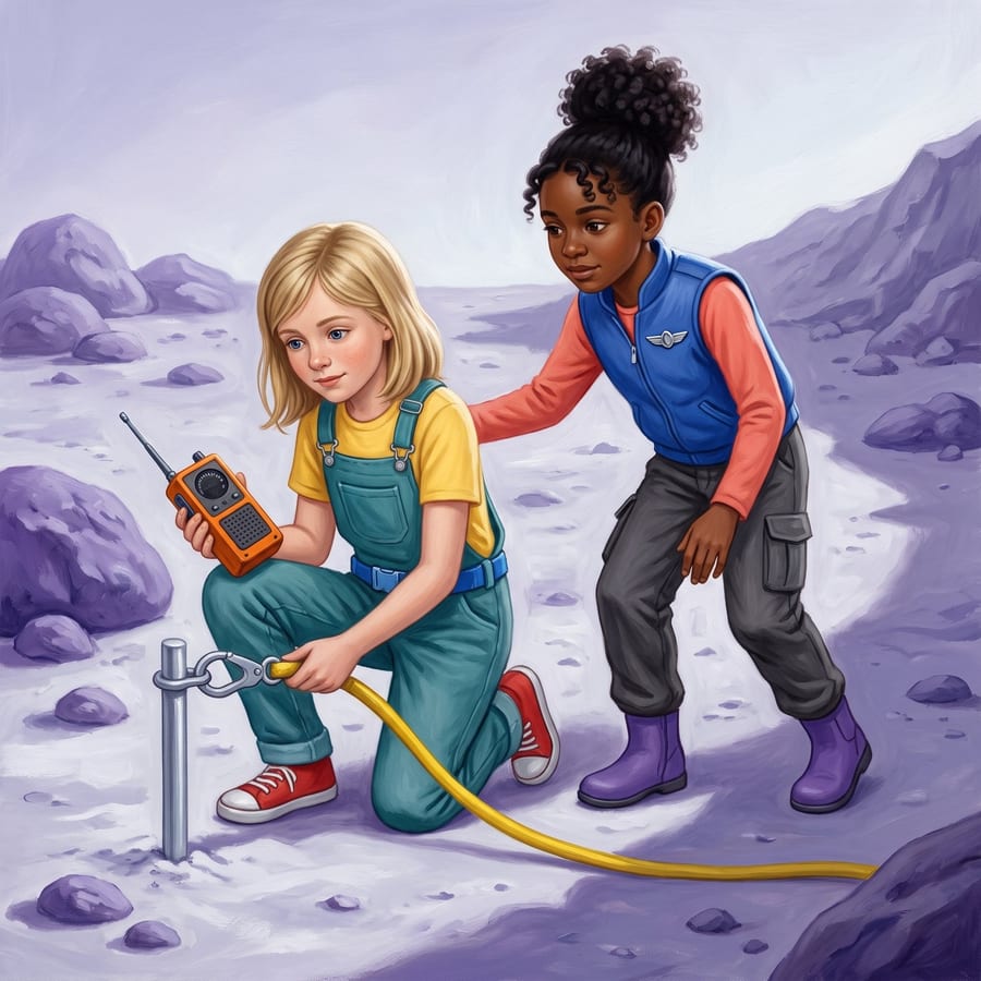 Two children stepping into a dark moon shadow, tether clipped to a post — children's book illustration