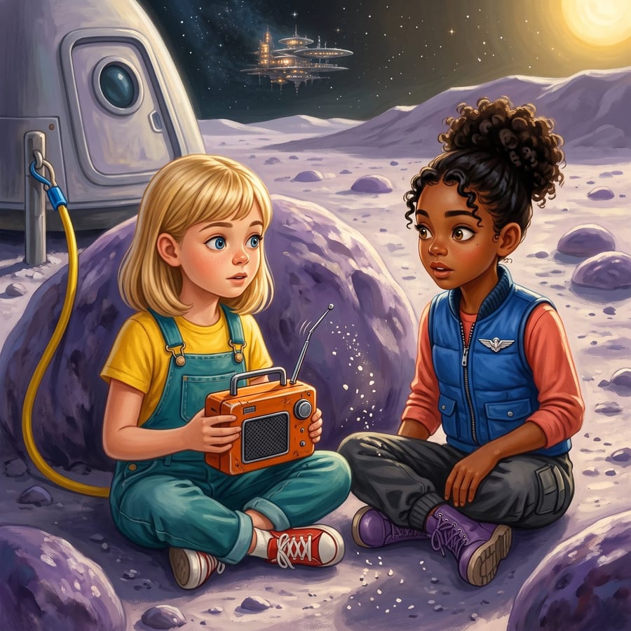 Two children sitting by a violet rock, radio antenna pointing toward a ridge — children's book illustration