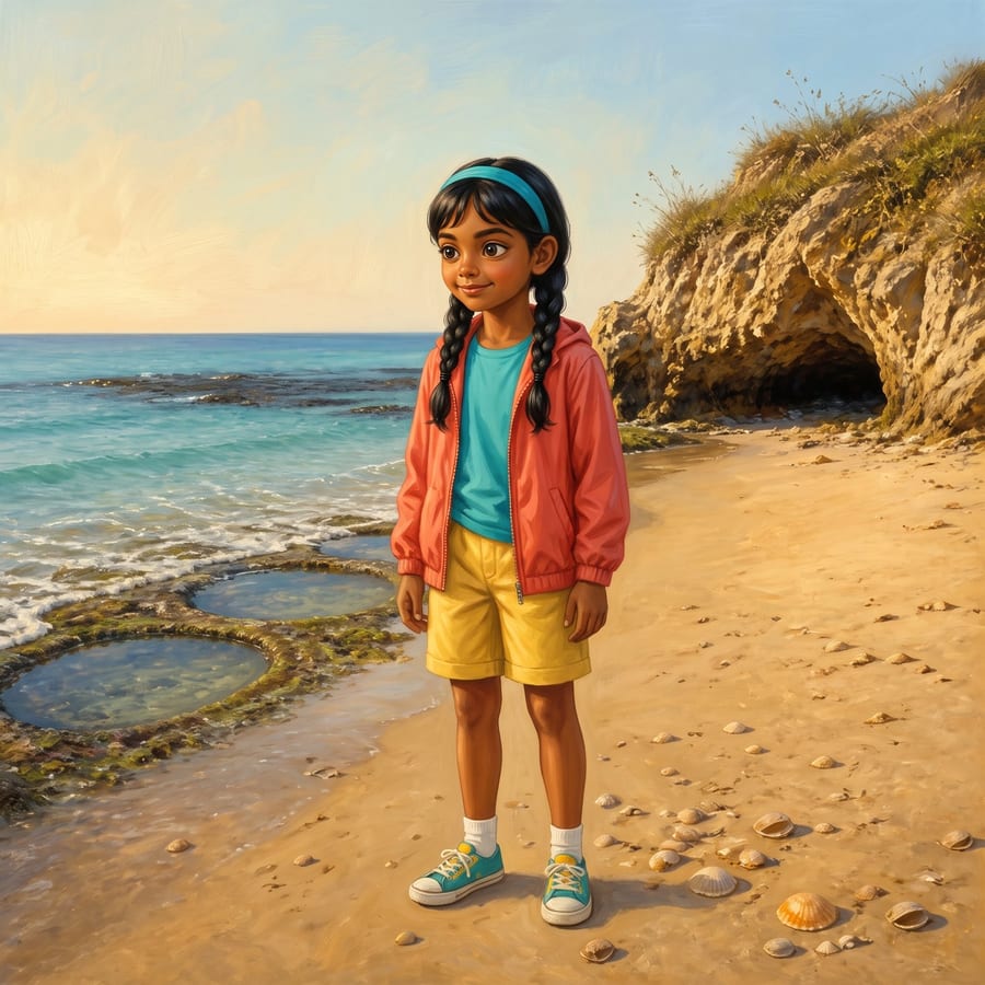 Girl sketching a map on the beach, shell compass glowing — children's book illustration