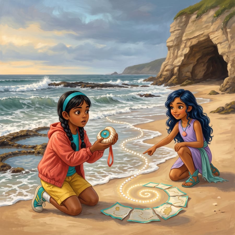 Girl and princess studying a glowing spiral map at the water's edge — children's book illustration