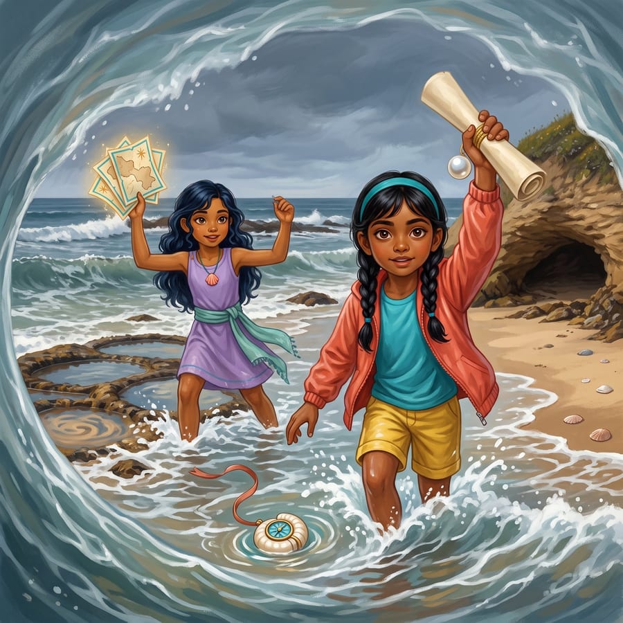 Girl surfacing from foamy surf holding a glowing pearl above water — children's book illustration