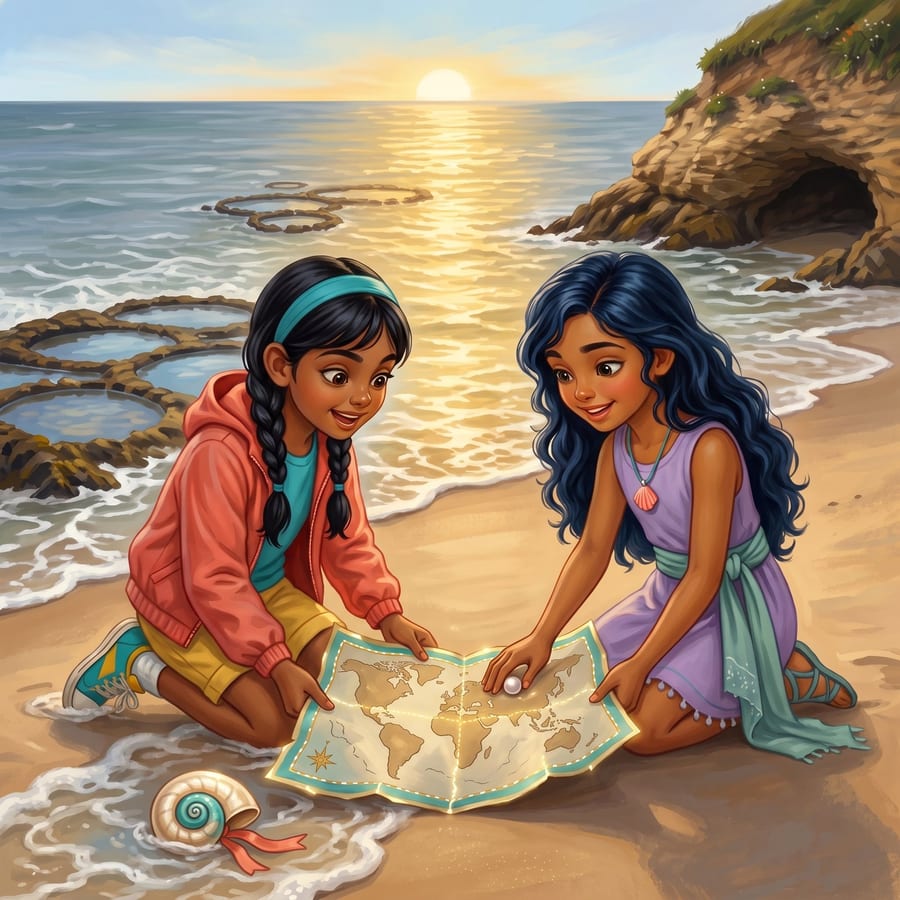 Girl reading a glowing pearl riddle while gold light stitches map pieces together — children's book illustration